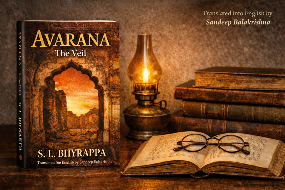 English edition of Avarana: The Veil by S. L. Bhyrappa, translated by Sandeep Balakrishna, displayed on a wooden table with an antique lamp, open book, and vintage glasses.