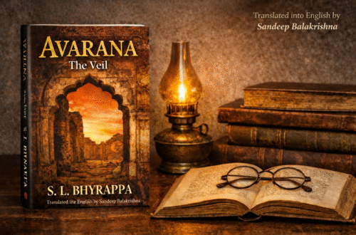 Avarana by S. L. Bhyrappa English edition of Avarana: The Veil by S. L. Bhyrappa, translated by Sandeep Balakrishna, displayed on a wooden table with an antique lamp, open book, and vintage glasses.