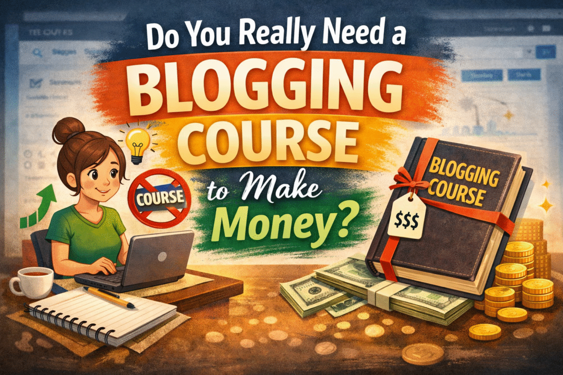 Do You Need a Blogging Course to Make Money – blogging workspace with laptop, coffee, and notebook