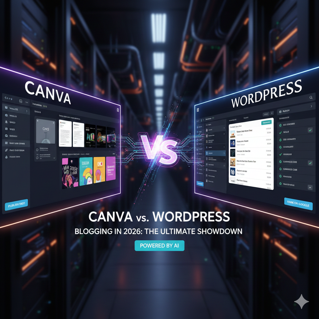 A futuristic comparison of Canva and WordPress interfaces in a high-tech server room, representing the ultimate blogging showdown in 2026.