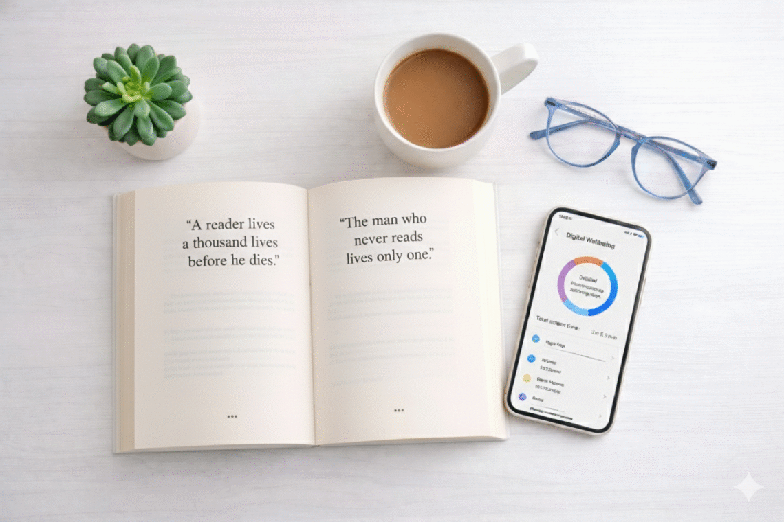 A top-down flat-lay of an open book featuring a George R.R. Martin quote about reading, next to a smartphone showing a digital wellbeing app on a clean white desk.