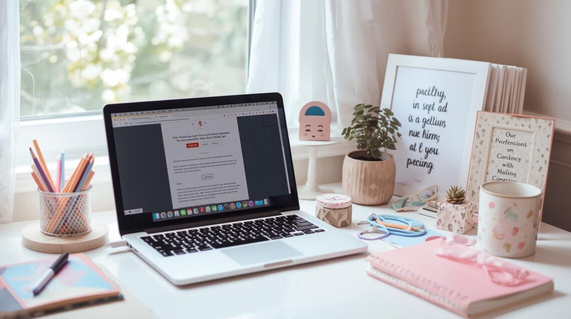 Minimalist home office setup with a pink keyboard and a laptop, representing professional freelance writing and editing