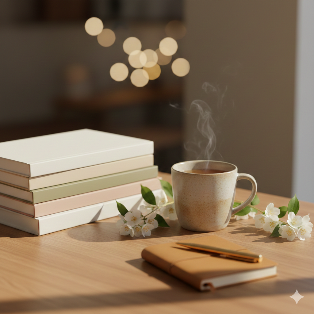 A stack of five books with blank covers next to a steaming cup of tea, jasmine flowers, and a journal on a sunlit wooden table.