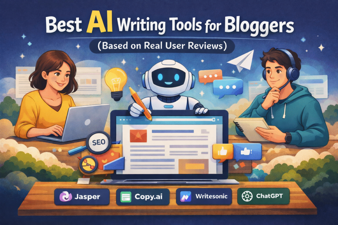 Best AI writing tools for bloggers including Jasper, Copy.ai, Writesonic, and ChatGPT
