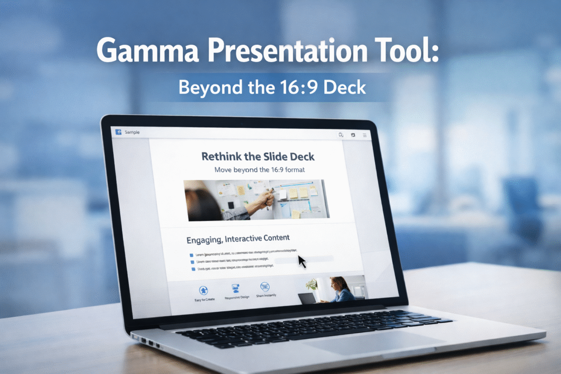 Gamma presentation tool interface on a laptop, illustrating a web-native scrollable presentation with interactive content and clean design.