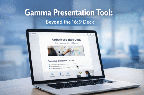 Gamma presentation tool interface on a laptop, illustrating a web-native scrollable presentation with interactive content and clean design.