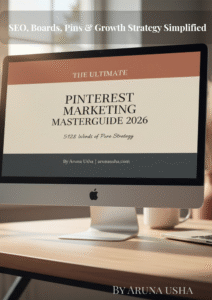 Promotional banner for The Ultimate Pinterest Marketing Masterguide 2026 by Aruna Usha, covering SEO, Boards, Pins, and Growth Strategy.