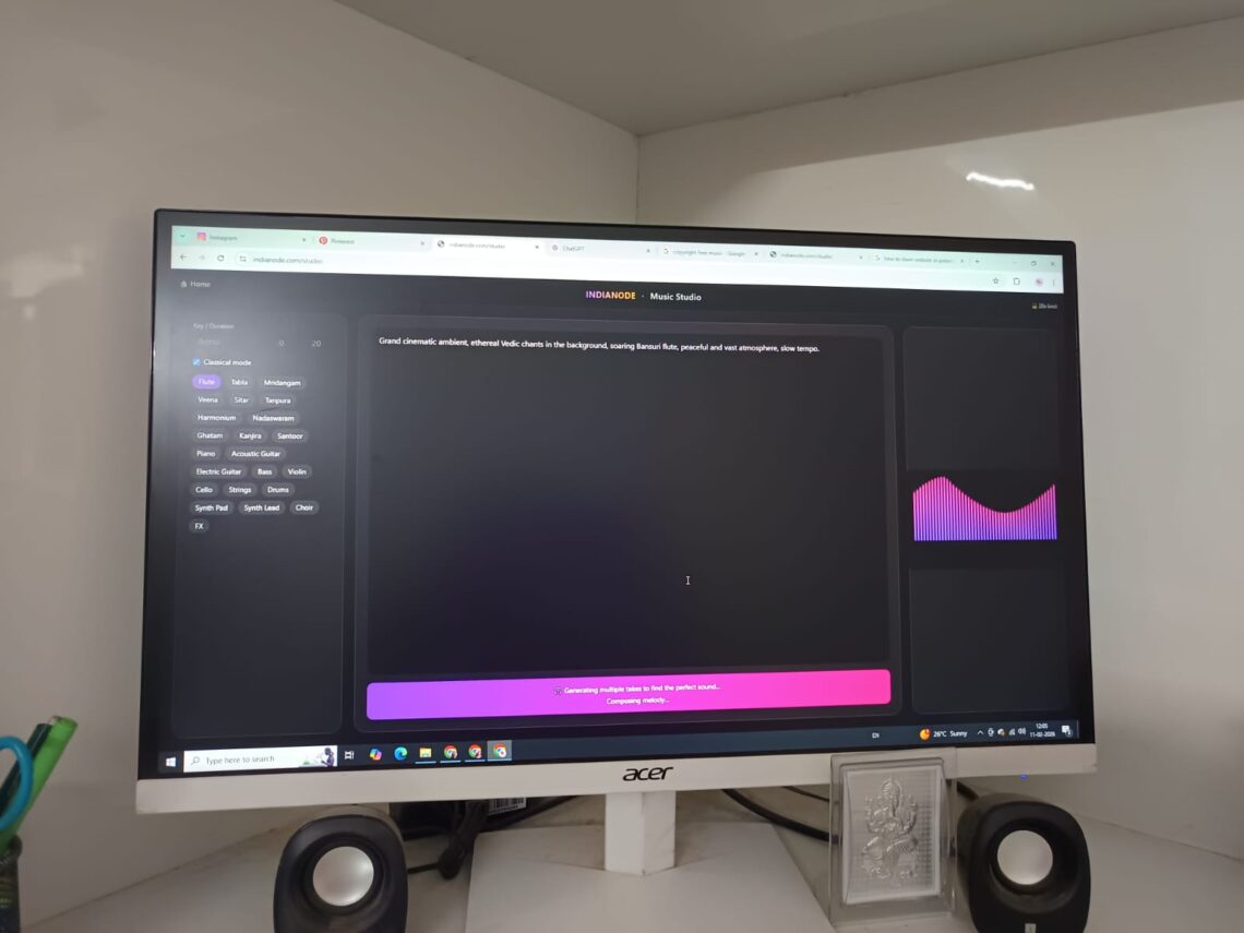 Testing the Indianode AI music generator dashboard to create cinematic Vedic ambient music.