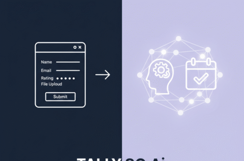 A clean, split-screen graphic showing a minimalist Tally.so form on the left connecting to an AI neural network and calendar icon on the right, representing intelligent event automation.