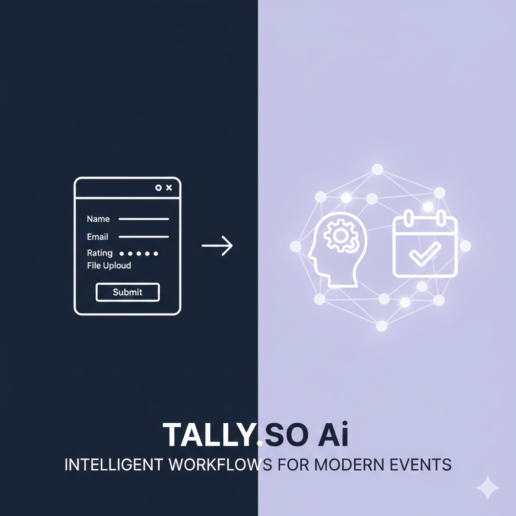 A clean, split-screen graphic showing a minimalist Tally.so form on the left connecting to an AI neural network and calendar icon on the right, representing intelligent event automation.