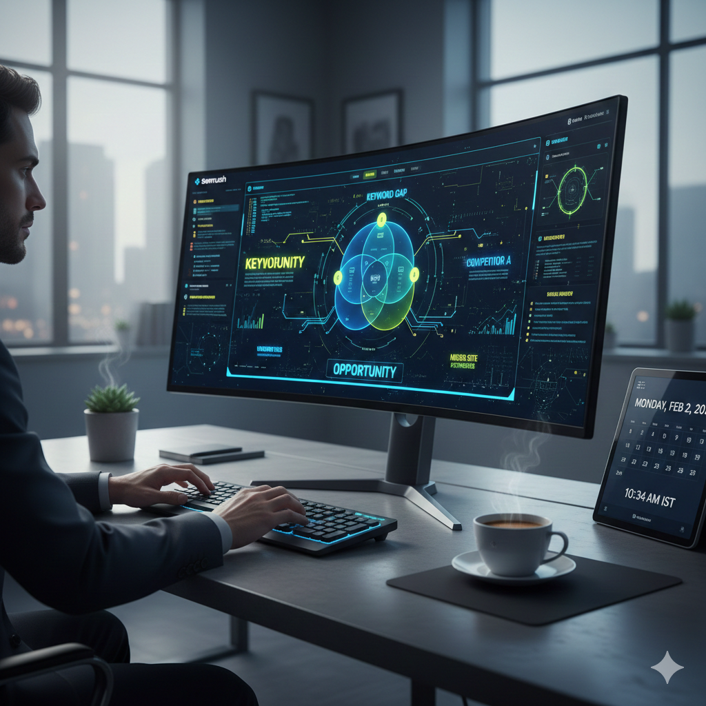 Digital marketer using Semrush Keyword Gap tool to analyze competitor search traffic and SEO opportunities on a high-tech dashboard.